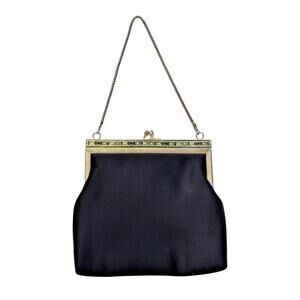 Vintage La Regale Black Sateen Handbag with Snake Chain Strap - Art Deco Revival